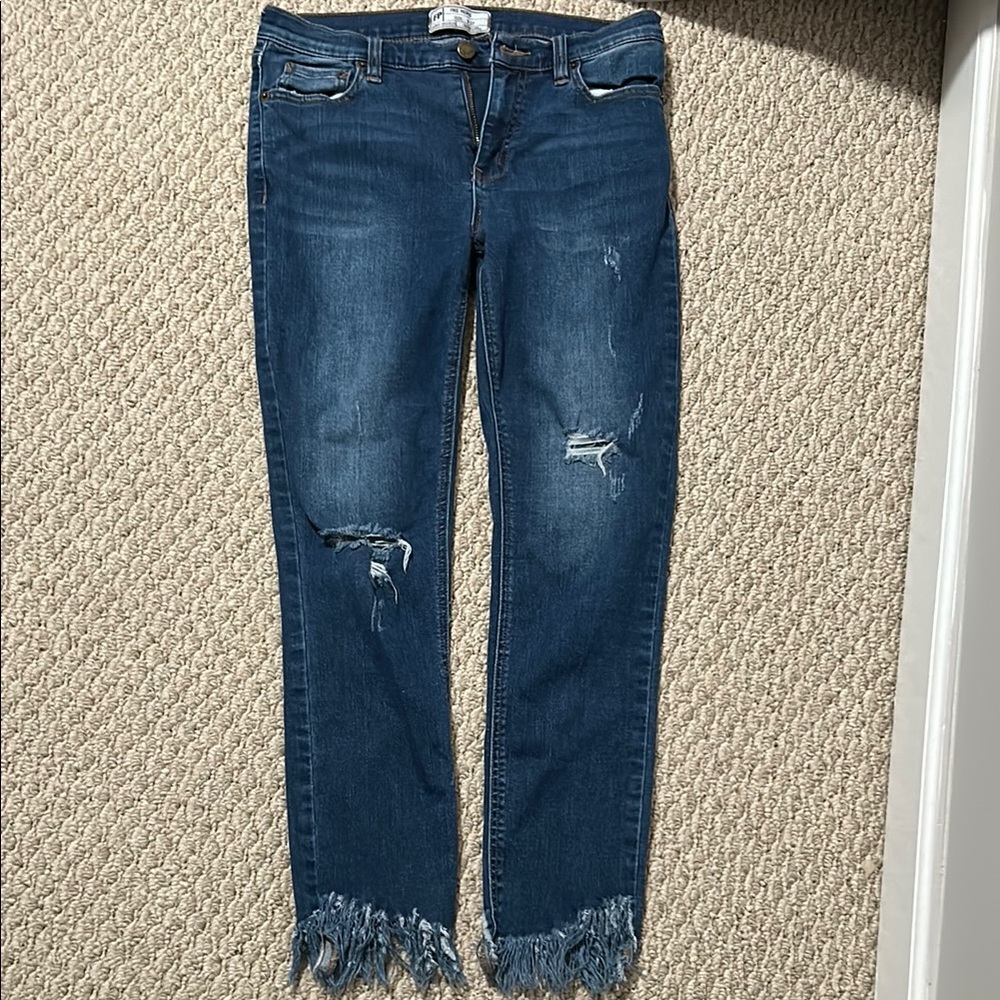 Free People Blue Distressed Ankle Cropped Jeans